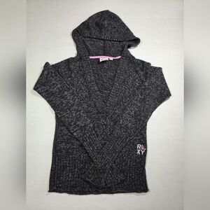 Roxy Knit Hoodie Sweater Gray Marl V-Neck Pullover Size Large Surf Beach Boho